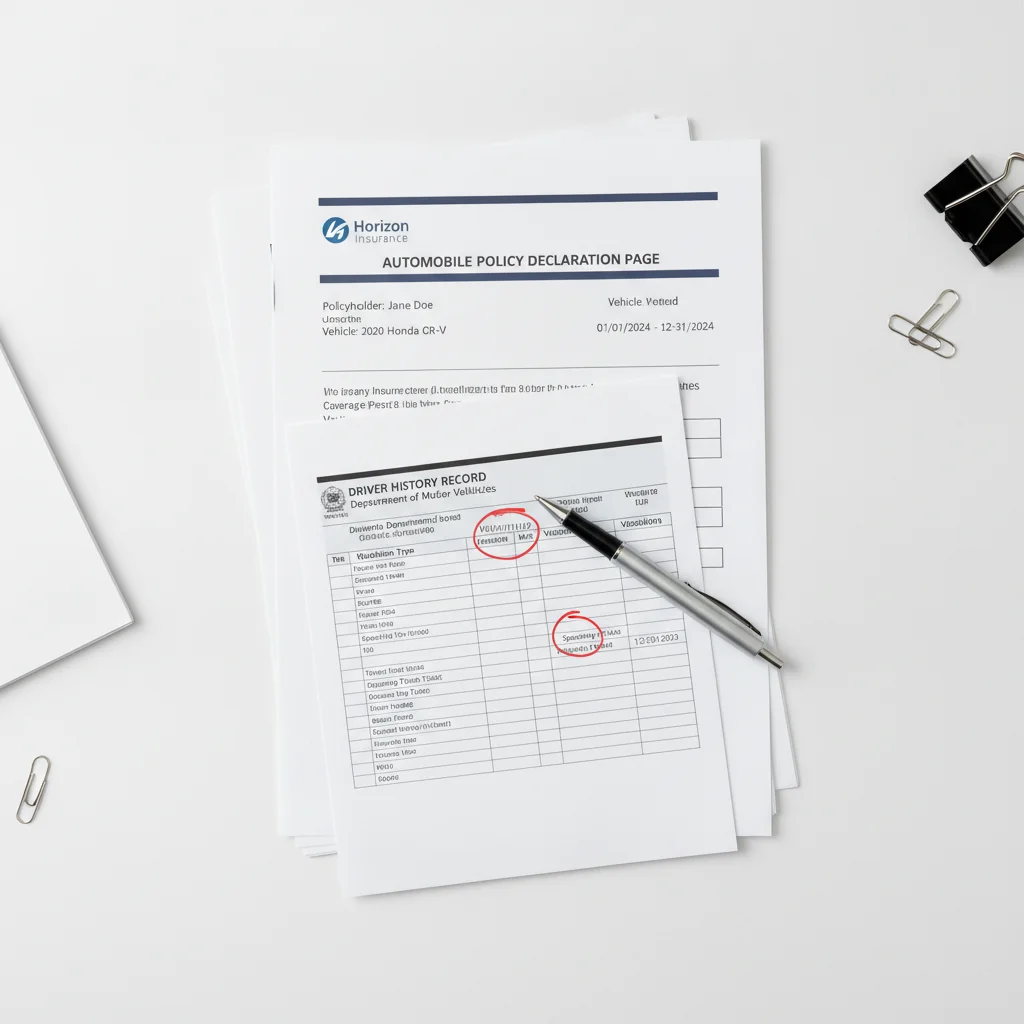 Insurance declaration page and DMV driving record side by side with pen marking discrepancies