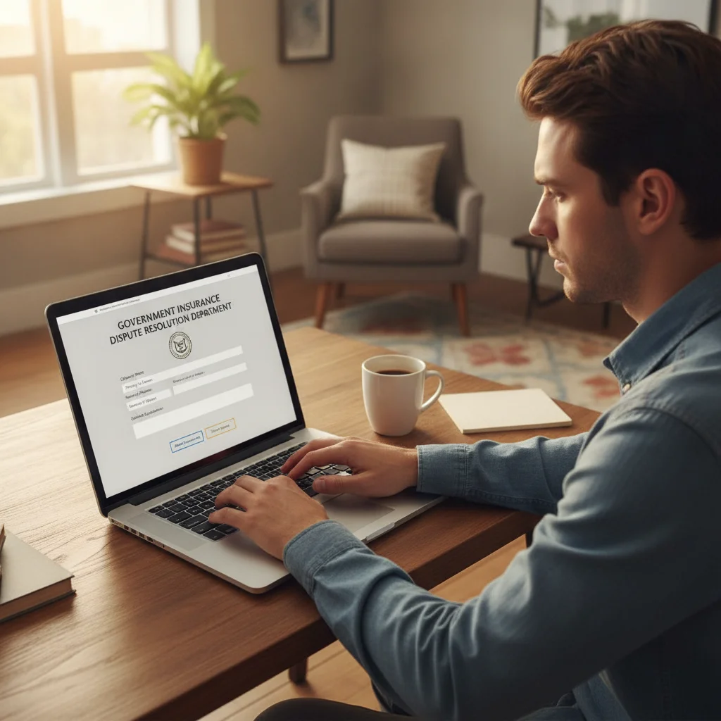 Person submitting an insurance dispute form on a state insurance department website via laptop
