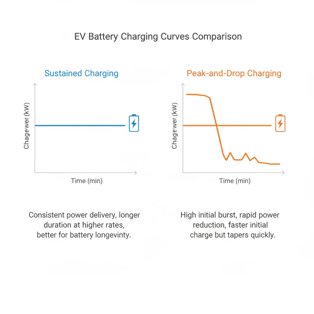 Comparison chart showing flat sustained EV charging curve versus sharp peak-and-drop charging curve over state of charge