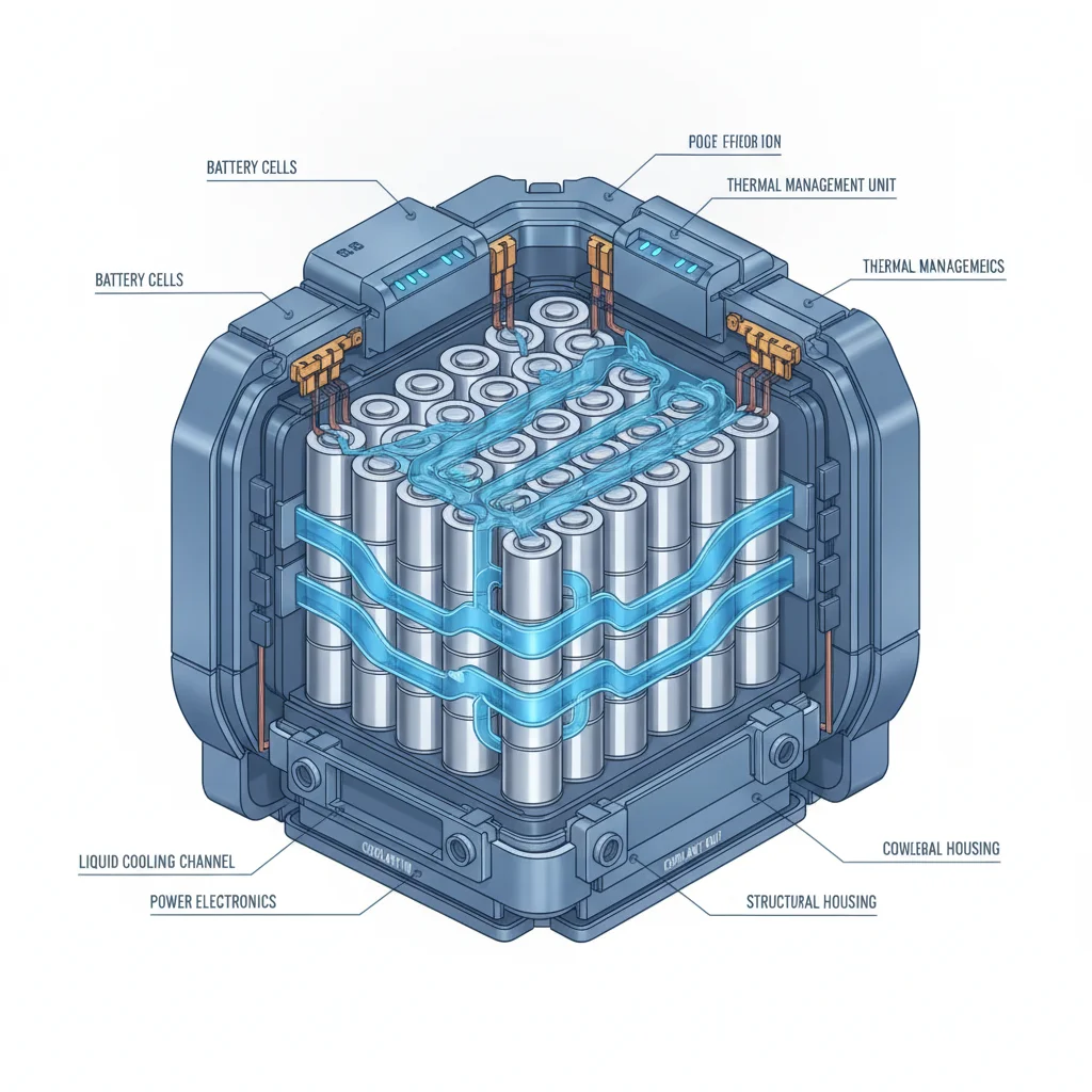 Cutaway illustration of EV battery pack with liquid cooling channels running between individual battery cells