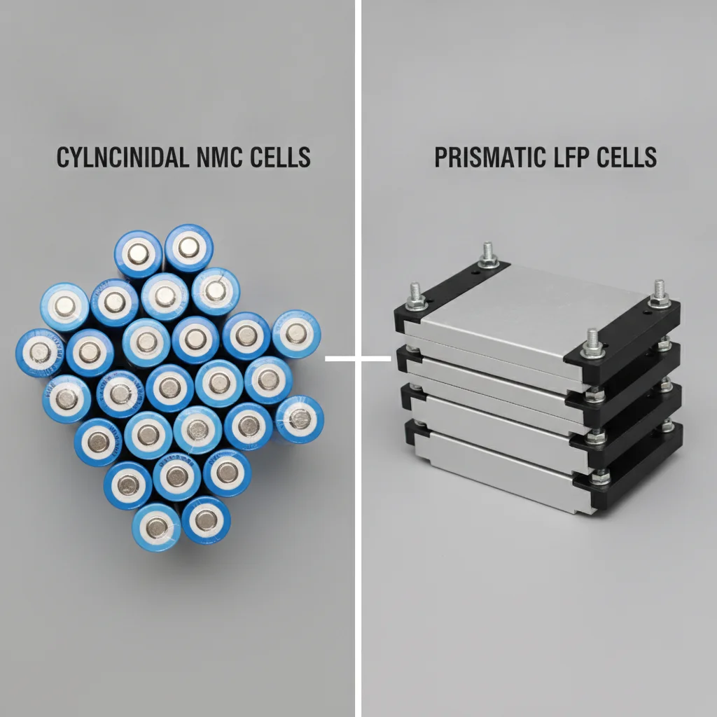Side-by-side comparison of cylindrical NMC battery cells and prismatic LFP battery cells used in electric vehicles