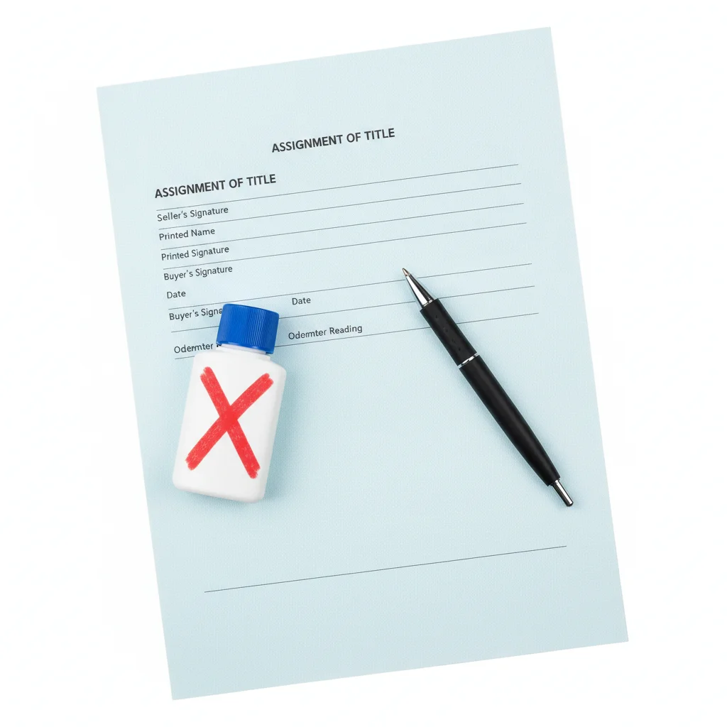 The back of a vehicle title document with assignment fields and a pen, with white-out marked as prohibited