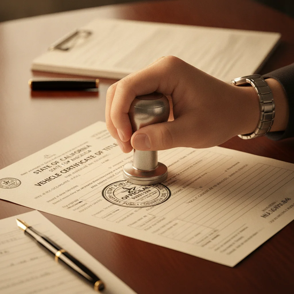 A notary public pressing an official stamp onto a vehicle title document at a desk