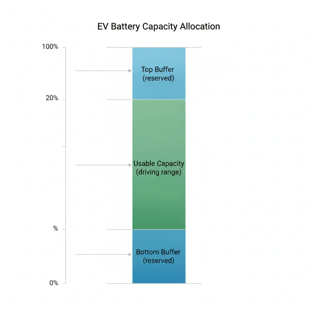 Diagram showing EV battery pack divided into top buffer, usable capacity, and bottom buffer zones