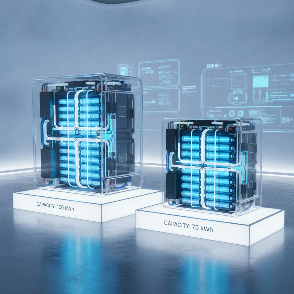 Side-by-side comparison of two EV battery packs of different gross capacities showing internal cell structure