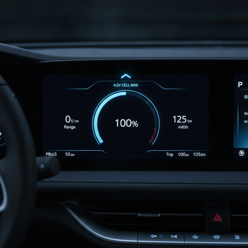 EV dashboard showing 100% charge with an overlay illustrating the physical battery ceiling above the displayed level