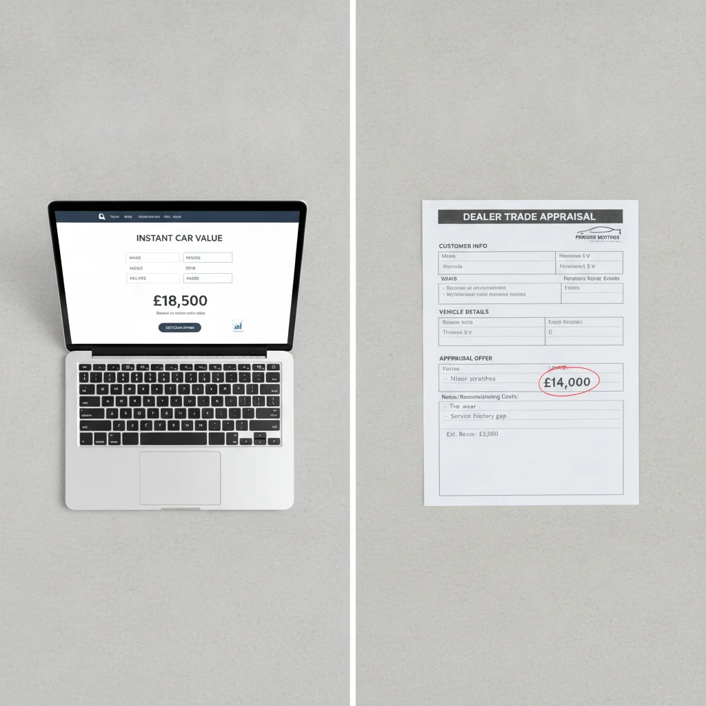 Laptop showing car valuation website next to a dealer appraisal form on a desk