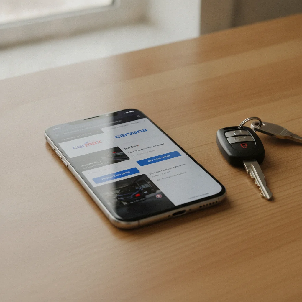 Smartphone showing instant cash offer pages from online car buying services beside car keys