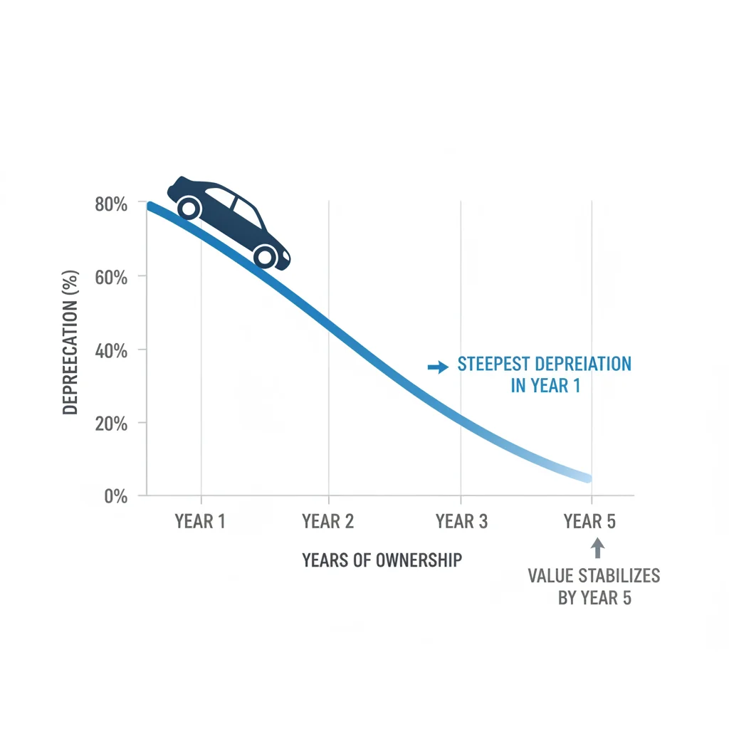 Depreciation curve graph showing rapid value loss in first year slowing through years three to five