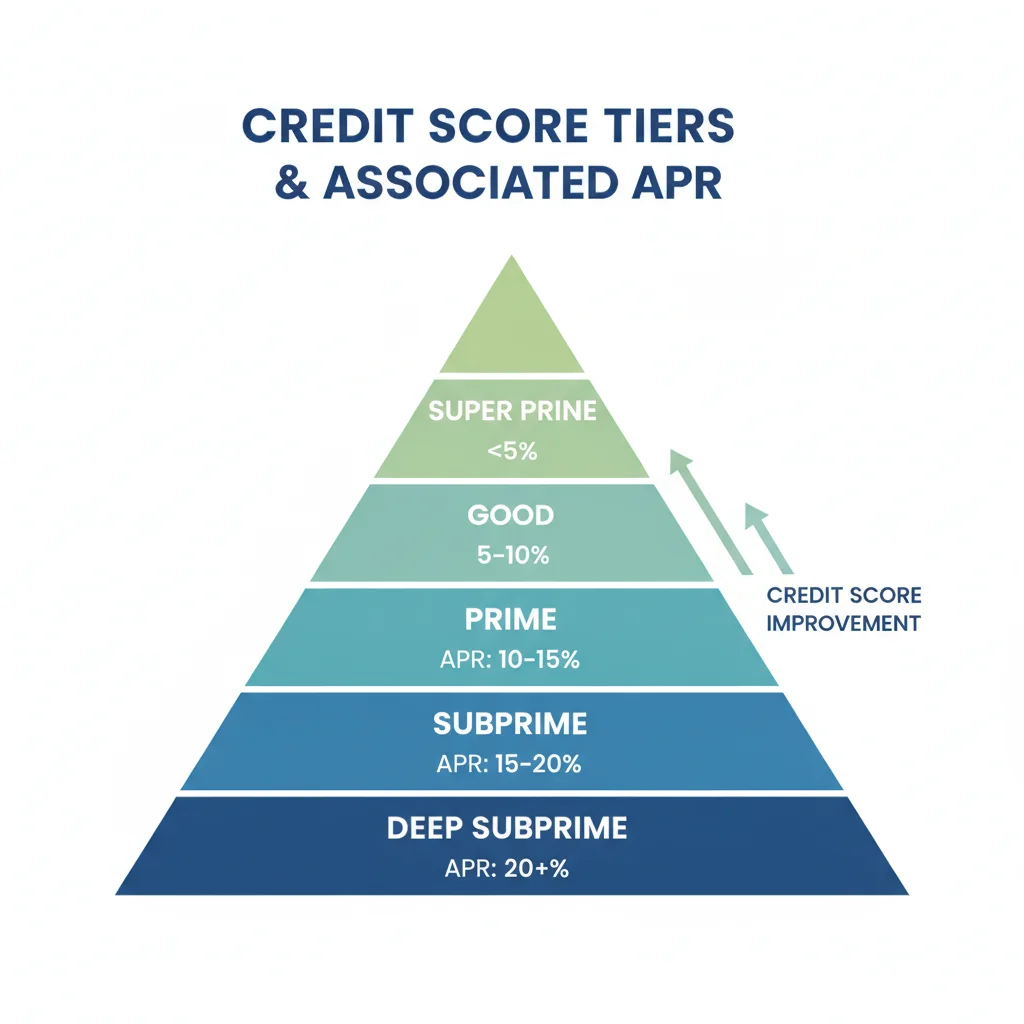 Pyramid diagram showing five auto loan credit score tiers from deep subprime to super prime with corresponding APR ranges