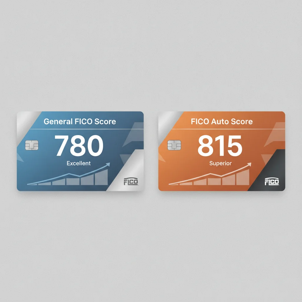 Two credit score cards displayed side by side comparing a general FICO score to a FICO Auto Score with different numbers