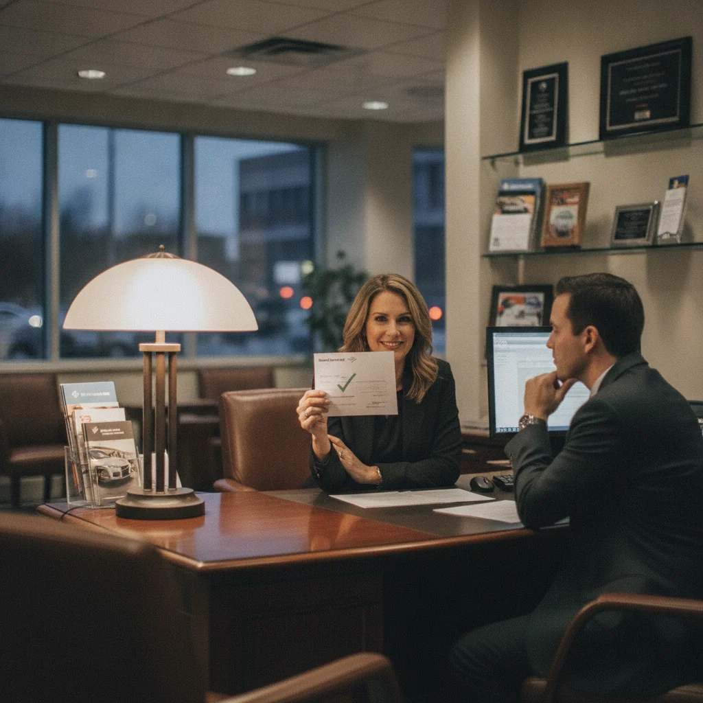 Car buyer holding a pre-approval letter while sitting across from a dealership finance manager at a desk