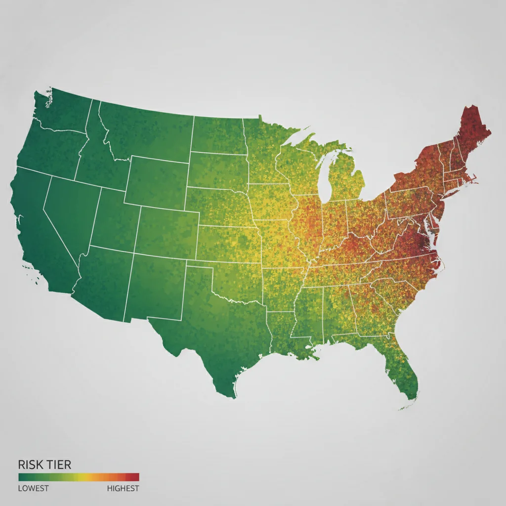 U.S. map with color-coded insurance risk zones showing territorial rating gradients by neighborhood