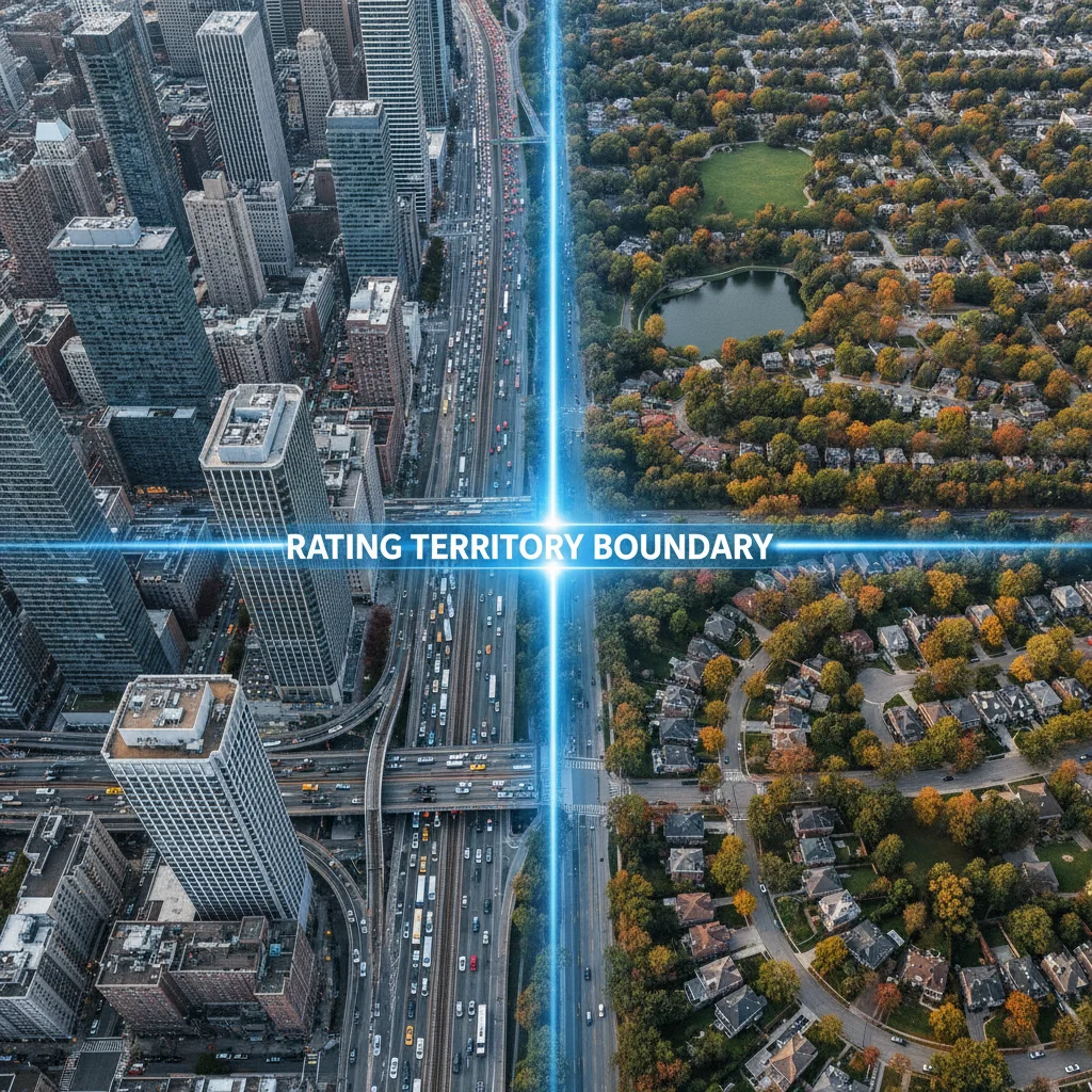 Split aerial view showing dense urban neighborhood on one side and quiet suburb on the other, divided by a rating territory boundary