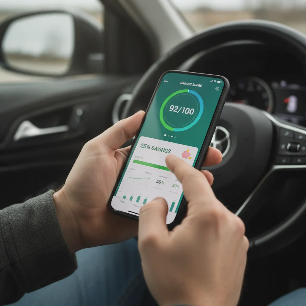 Driver reviewing telematics driving score on a smartphone app inside a parked vehicle