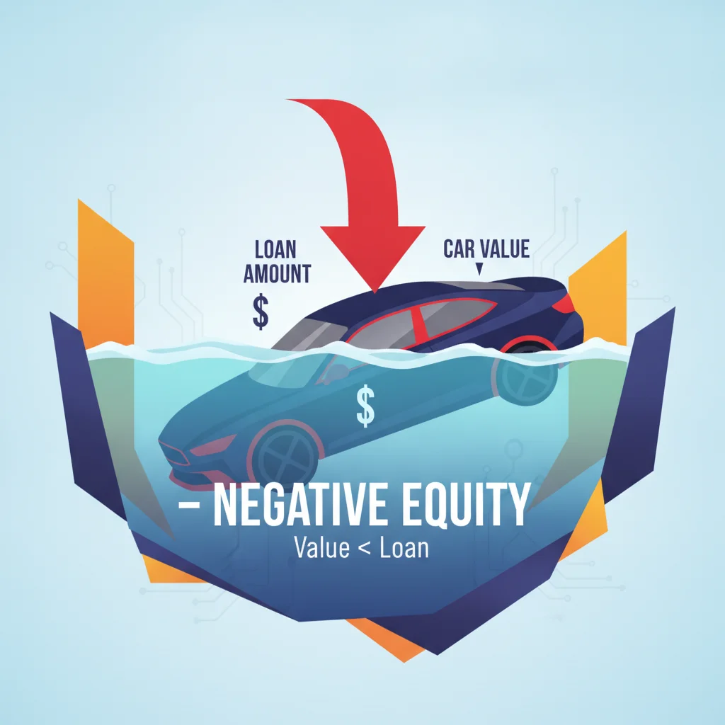 Stylized graphic of a car underwater representing the concept of negative equity on an auto loan