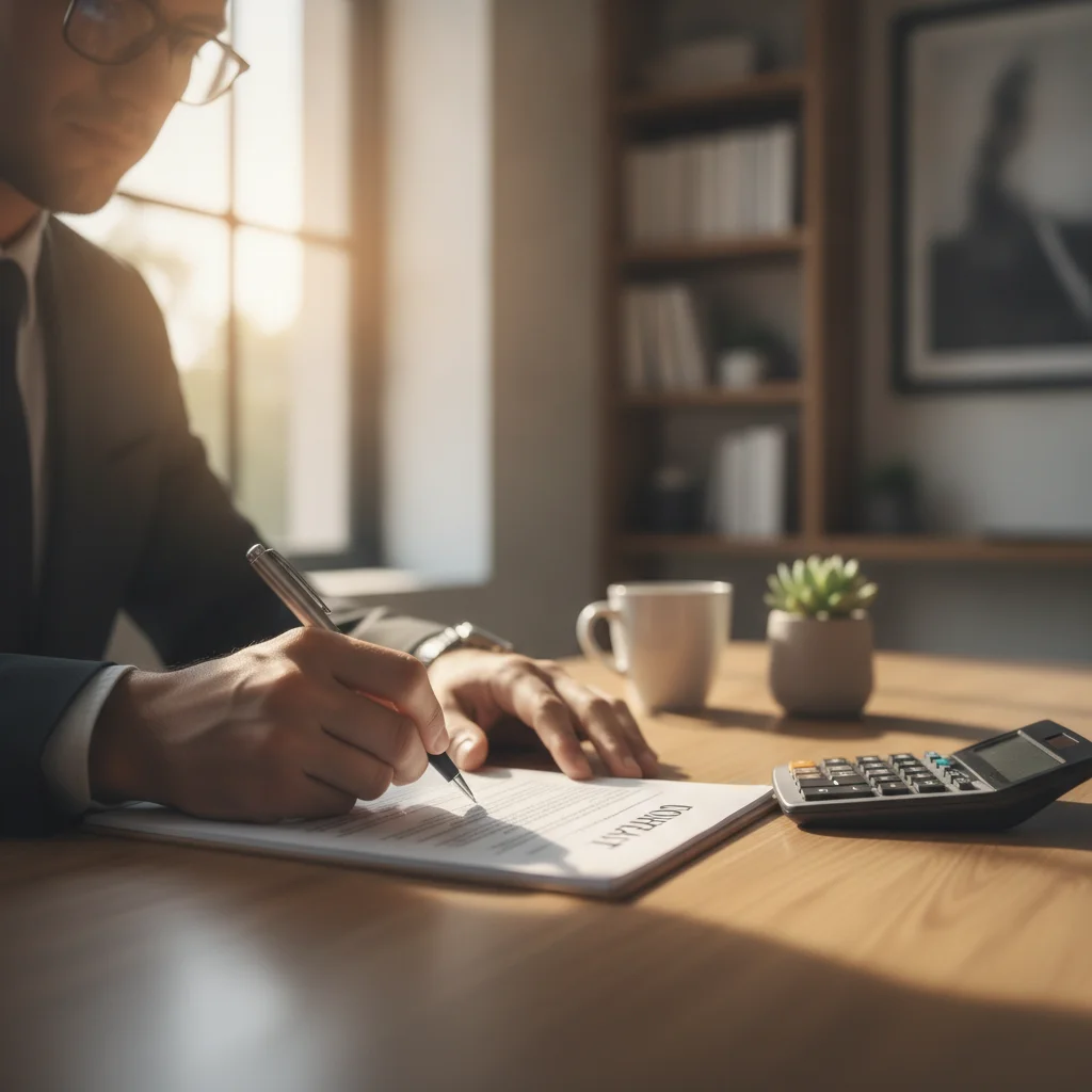 Person confidently signing an auto loan document at a desk with a calculator nearby