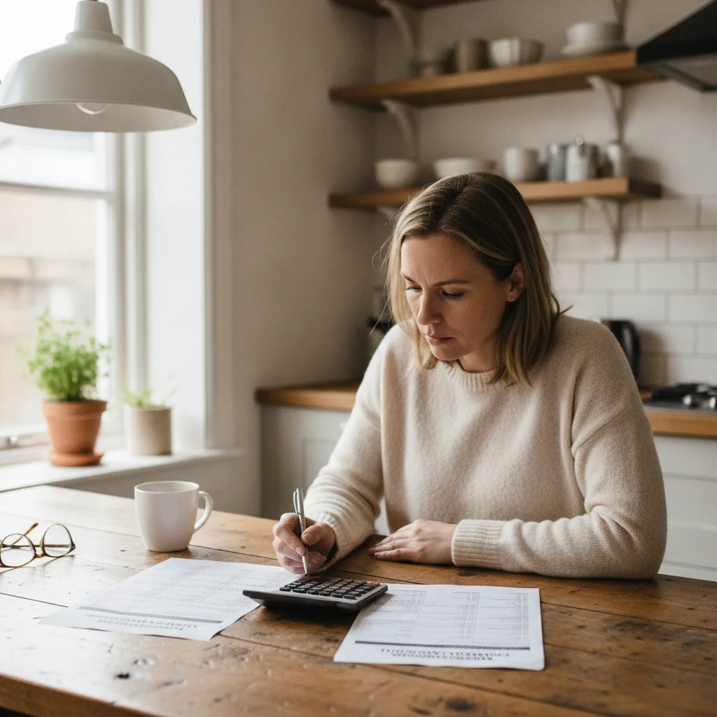 Person at kitchen table comparing two insurance quote documents with a calculator