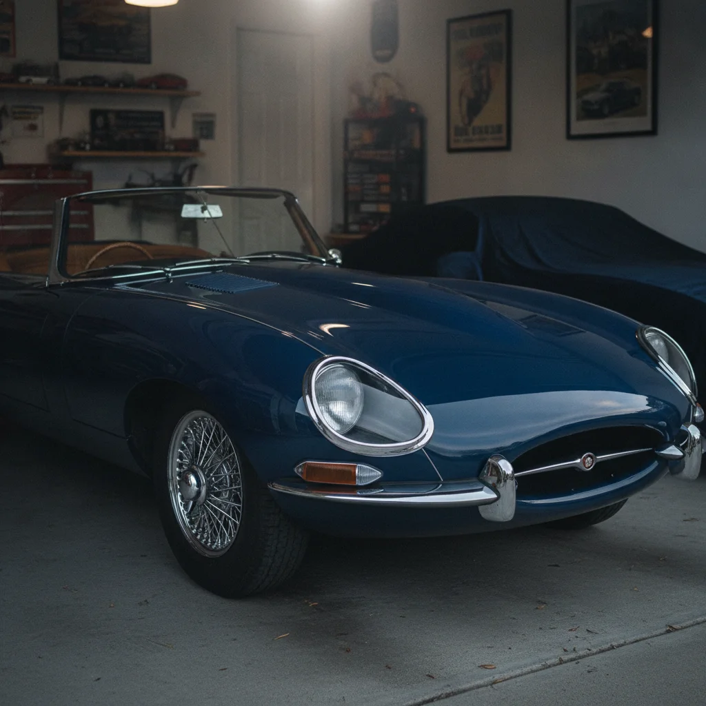 A classic vintage car with polished chrome parked inside a residential garage
