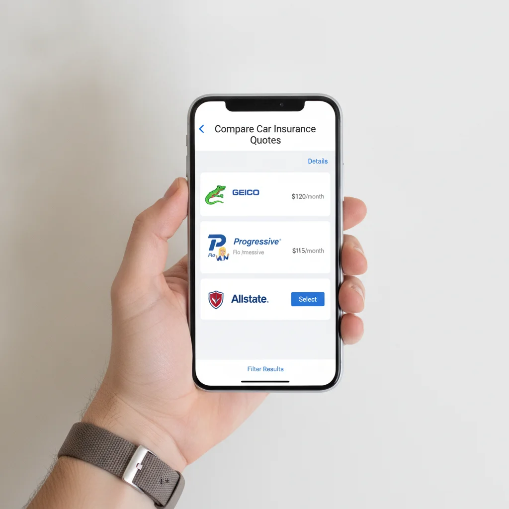 Smartphone displaying an insurance comparison app with multiple carrier quotes on screen