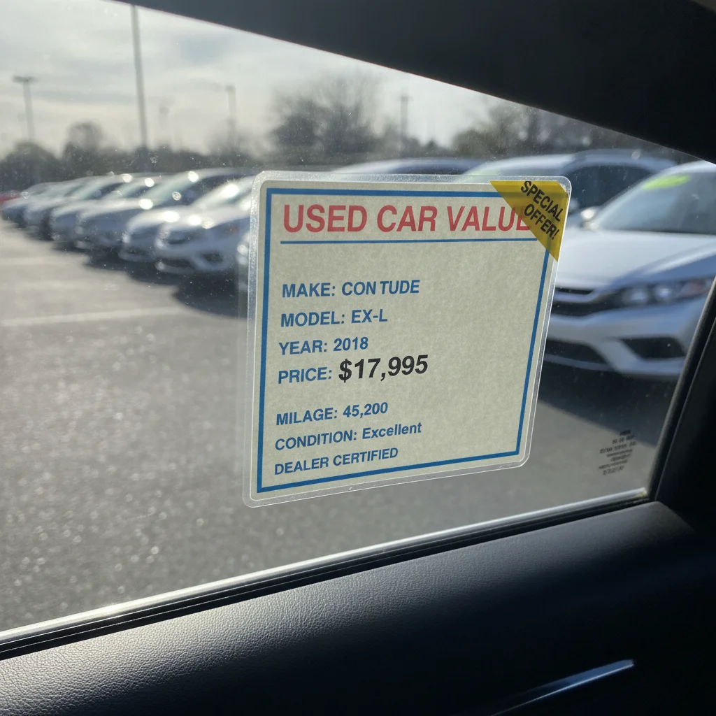 Close-up of a used car price tag hanging on a window at a dealership lot