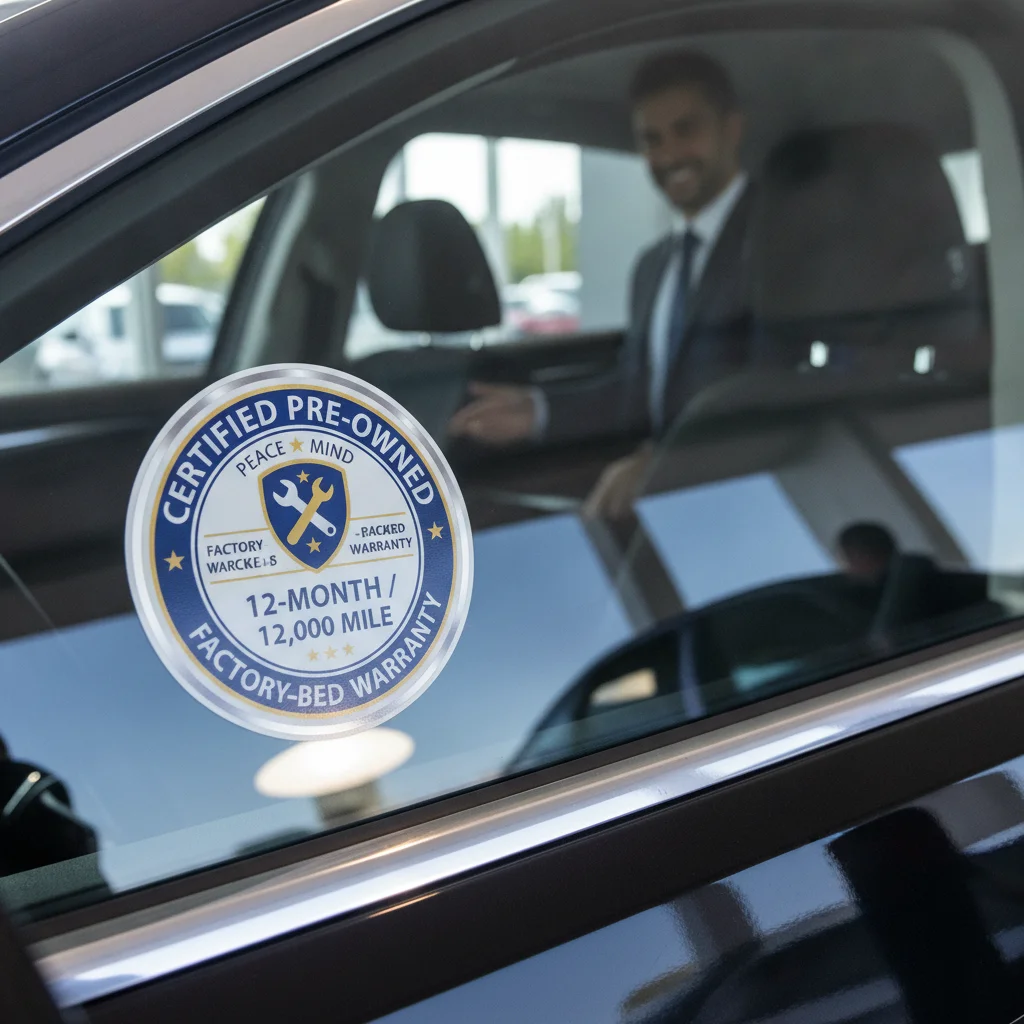 Certified pre-owned badge sticker on a car window at a dealership