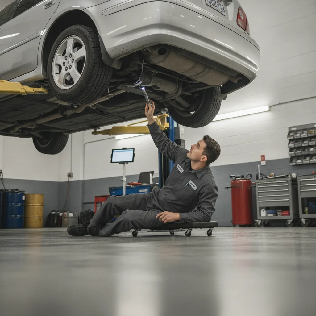Mechanic inspecting the undercarriage of a used car lifted on a hydraulic lift in a repair shop