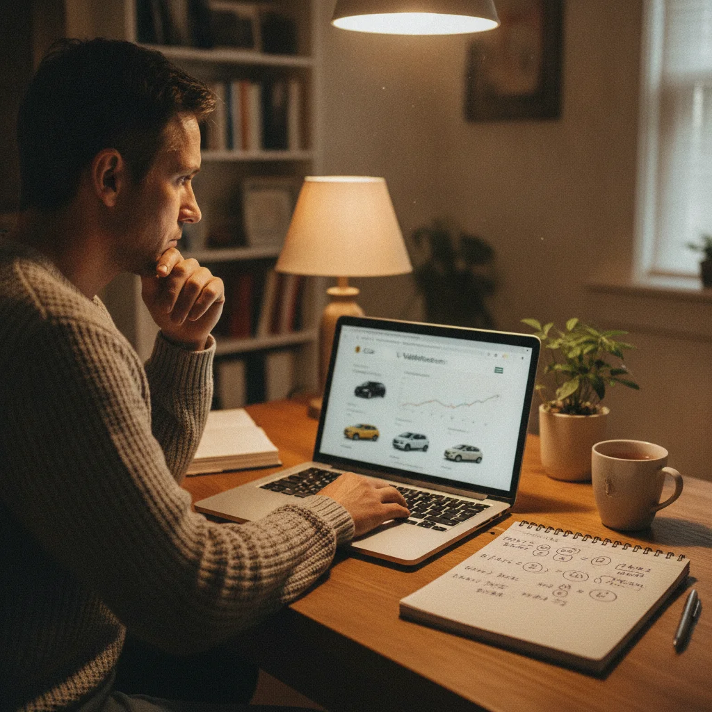 Person researching used car values on a laptop with financial notes written on a notepad