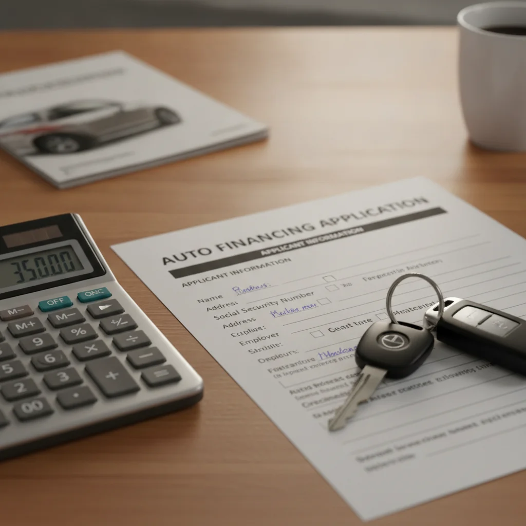 A car loan application form on a desk with car keys and a financial calculator beside it