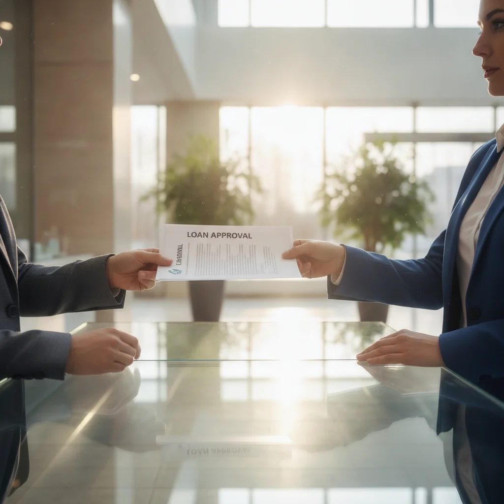 A person receiving a loan preapproval document at a bank counter with modern interior background