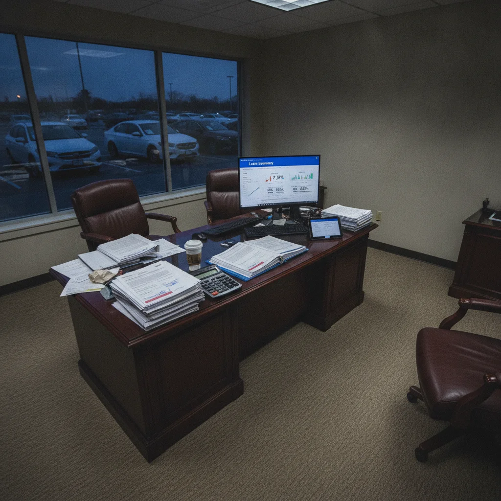A dealership F&I office desk covered in contract paperwork with a loan summary on the monitor