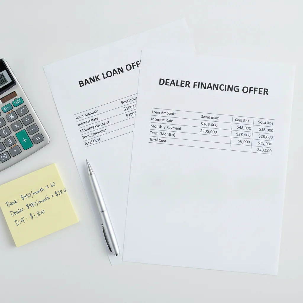 Two loan offer documents labeled Bank and Dealer placed side by side on a desk for comparison