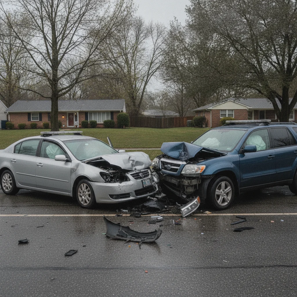 Two cars with crumpled front ends after a head-on collision on a suburban road