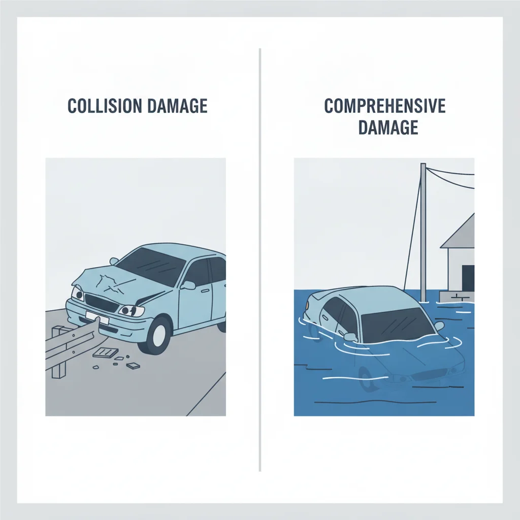 Illustration comparing collision coverage scenario with guardrail versus comprehensive coverage scenario with flood damage