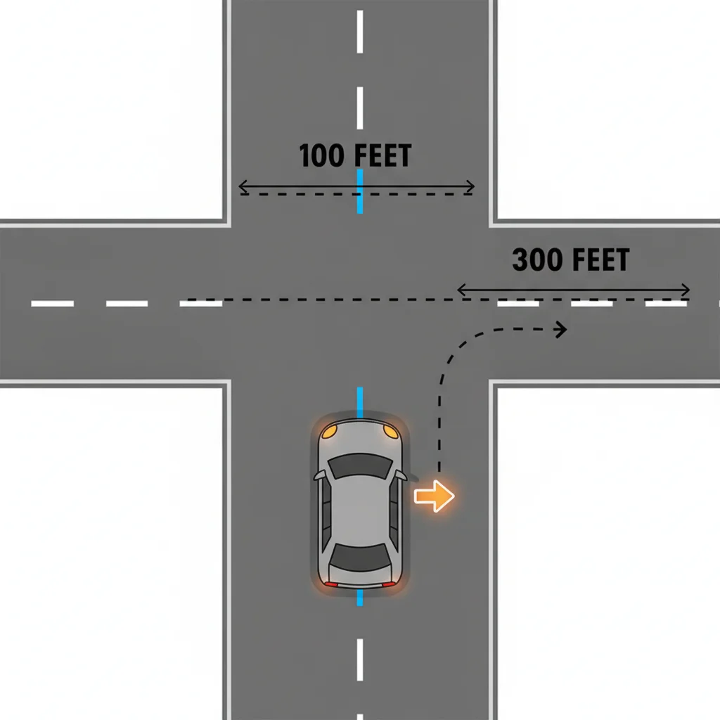 Overhead diagram showing required signaling distance before a turn at an intersection