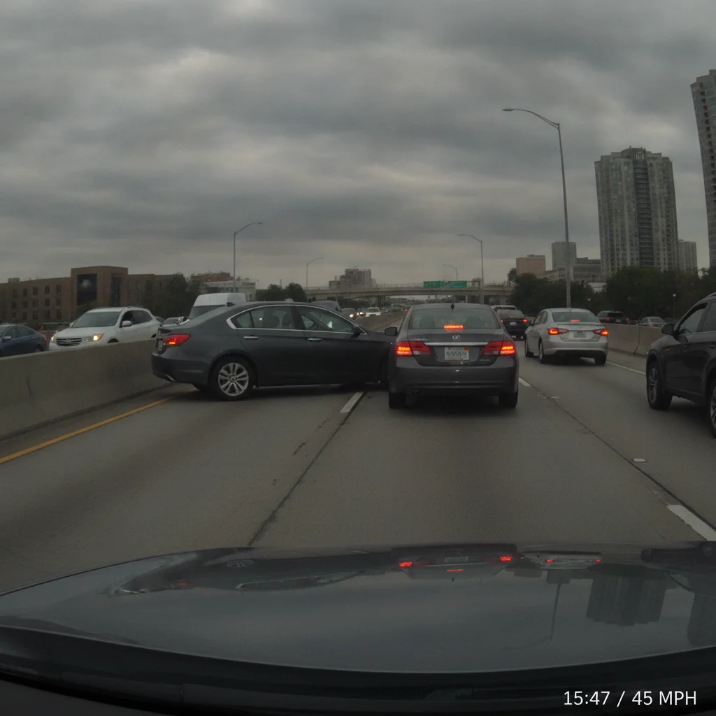 Dashcam view of a vehicle making an unsignaled lane change on a busy urban road
