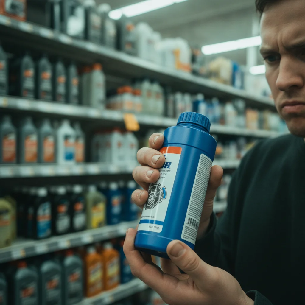 Hand holding a fuel additive bottle in an auto parts store aisle