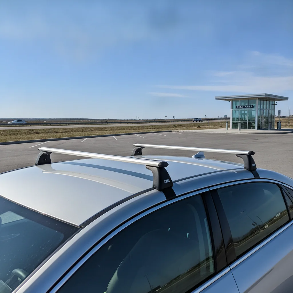 Empty roof rack mounted on a silver sedan illustrating aerodynamic drag