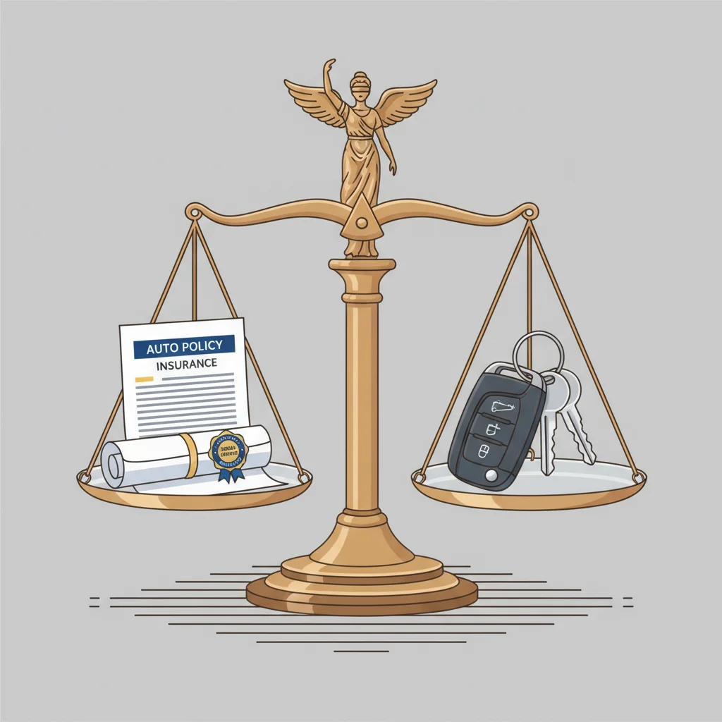 Balance scale with car insurance document and car keys representing legal rights and insurer obligations