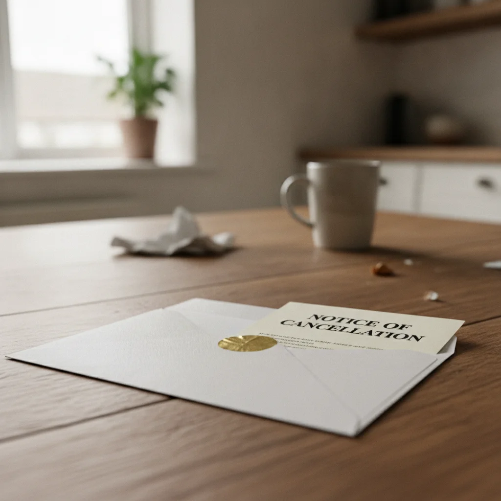 Formal insurance cancellation notice letter partially unfolded on a home kitchen table