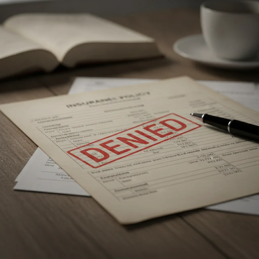 A denied stamp on an auto insurance claim document lying on a desk