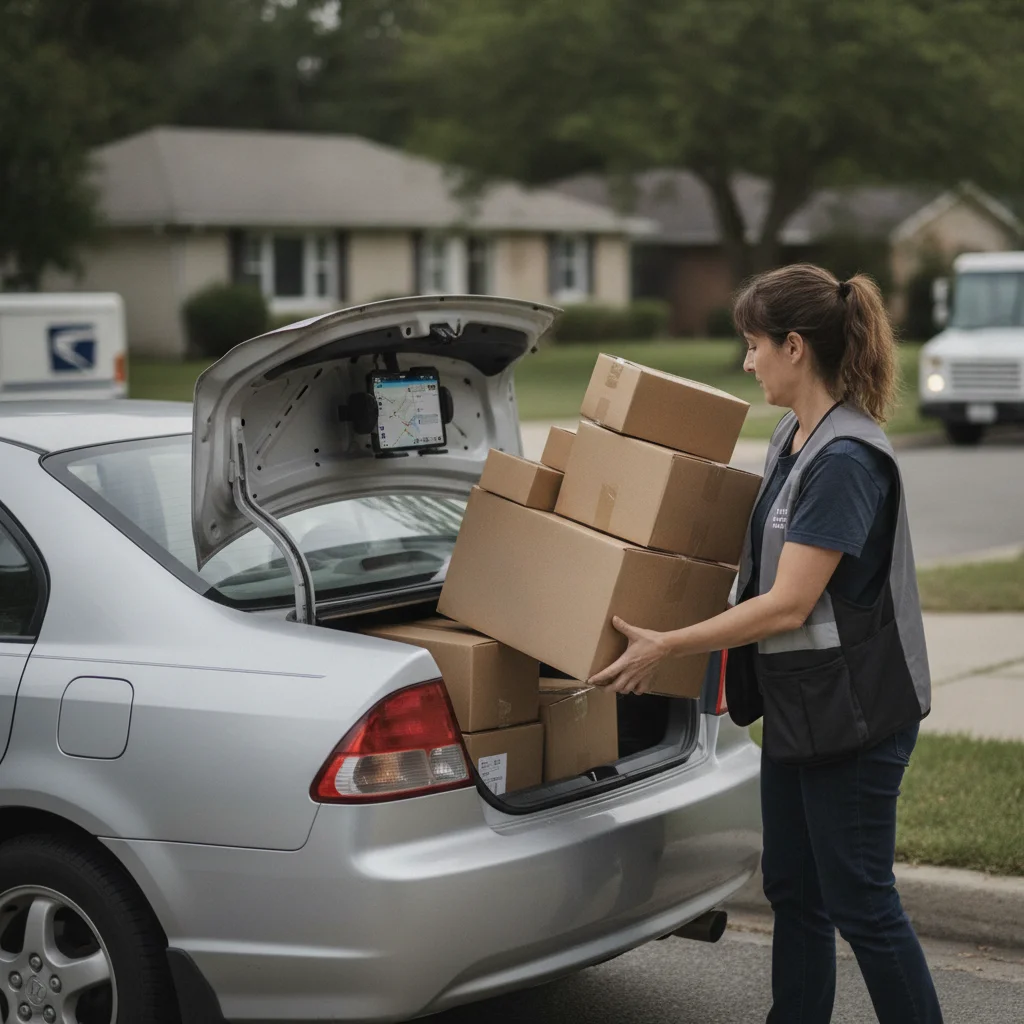 Delivery driver loading packages into a personal car used for commercial deliveries