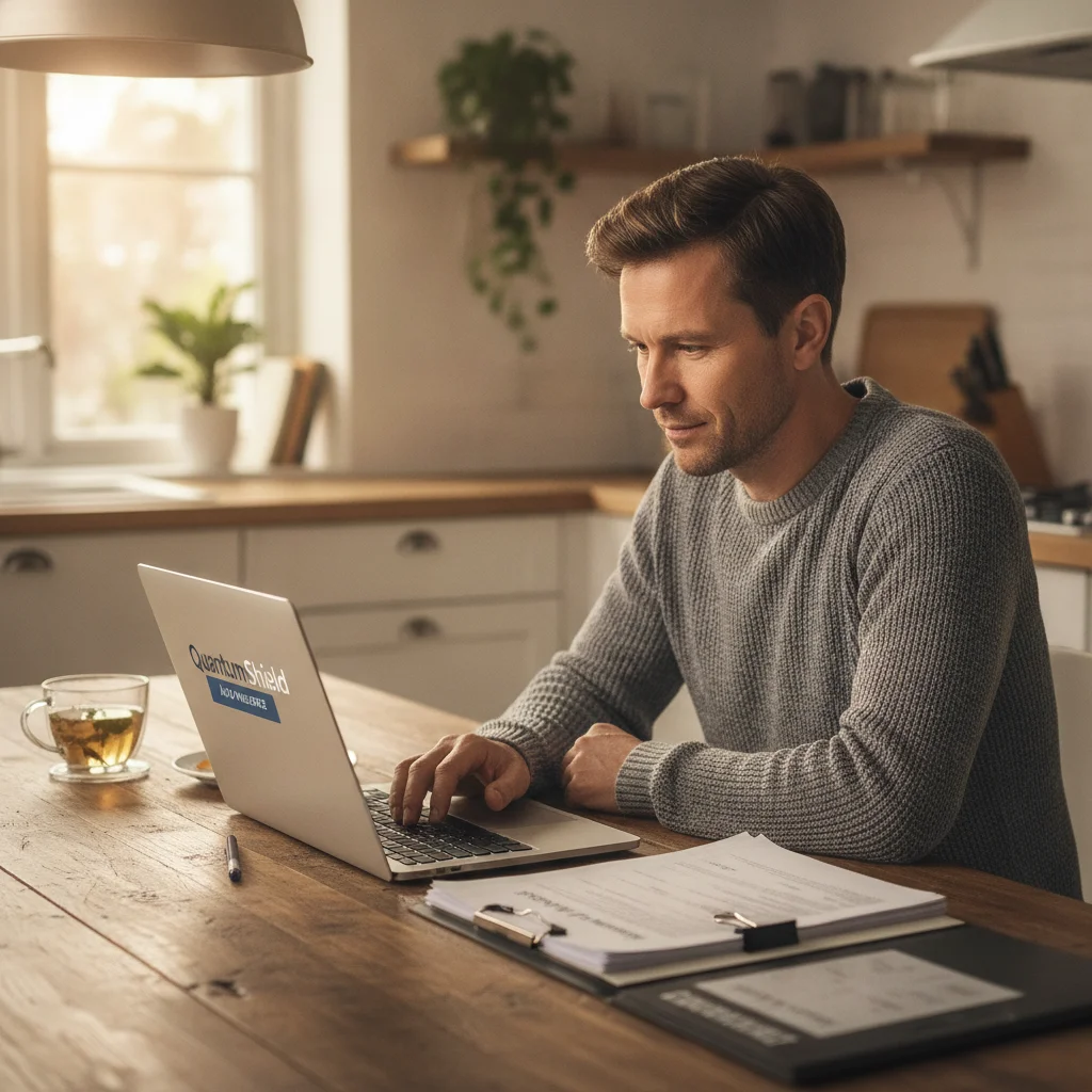 Driver reviewing auto insurance policy documents at home on a laptop
