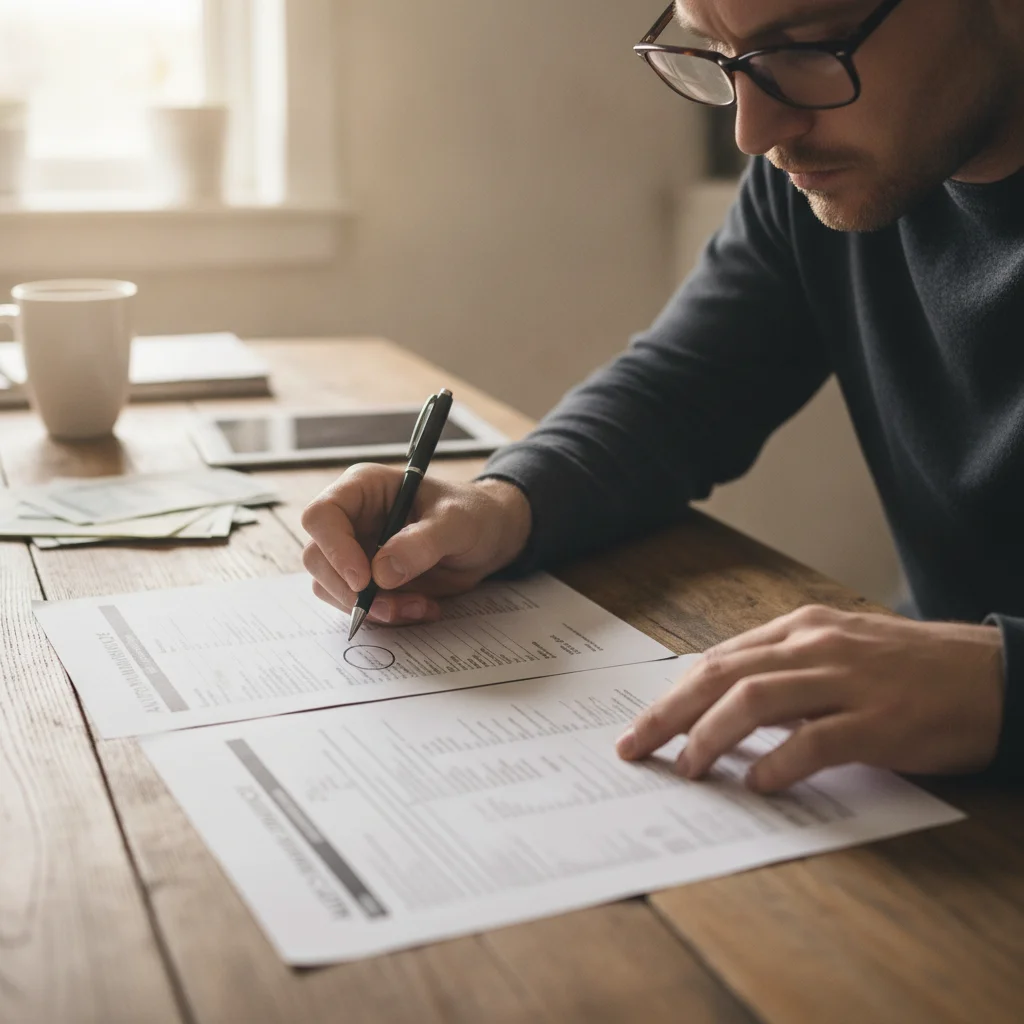 Person carefully comparing two auto insurance policy documents side by side at a table