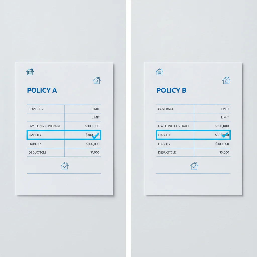 Two insurance policy summary sheets with different coverage limits highlighted for comparison