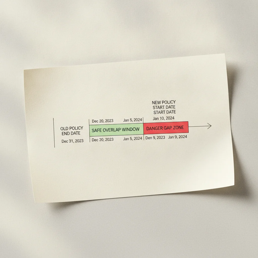 Timeline diagram illustrating overlapping insurance policy dates to avoid a coverage gap