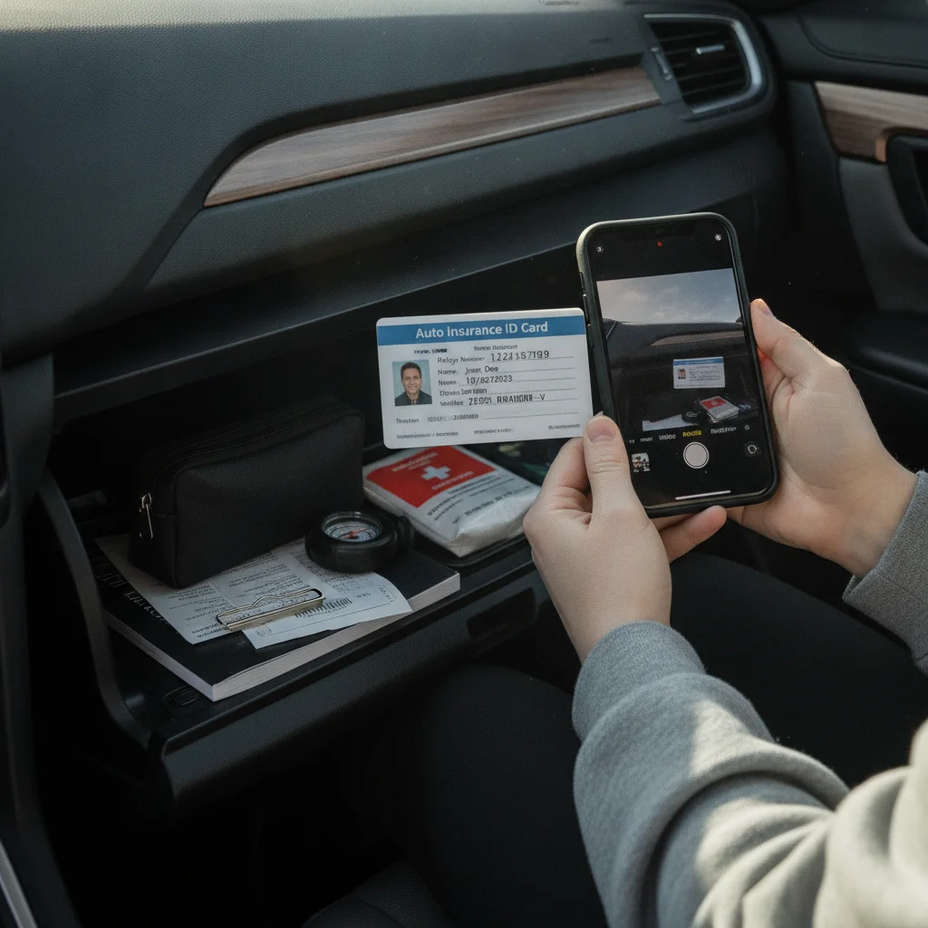 Person photographing their new auto insurance ID card inside their vehicle with an organized glove box visible