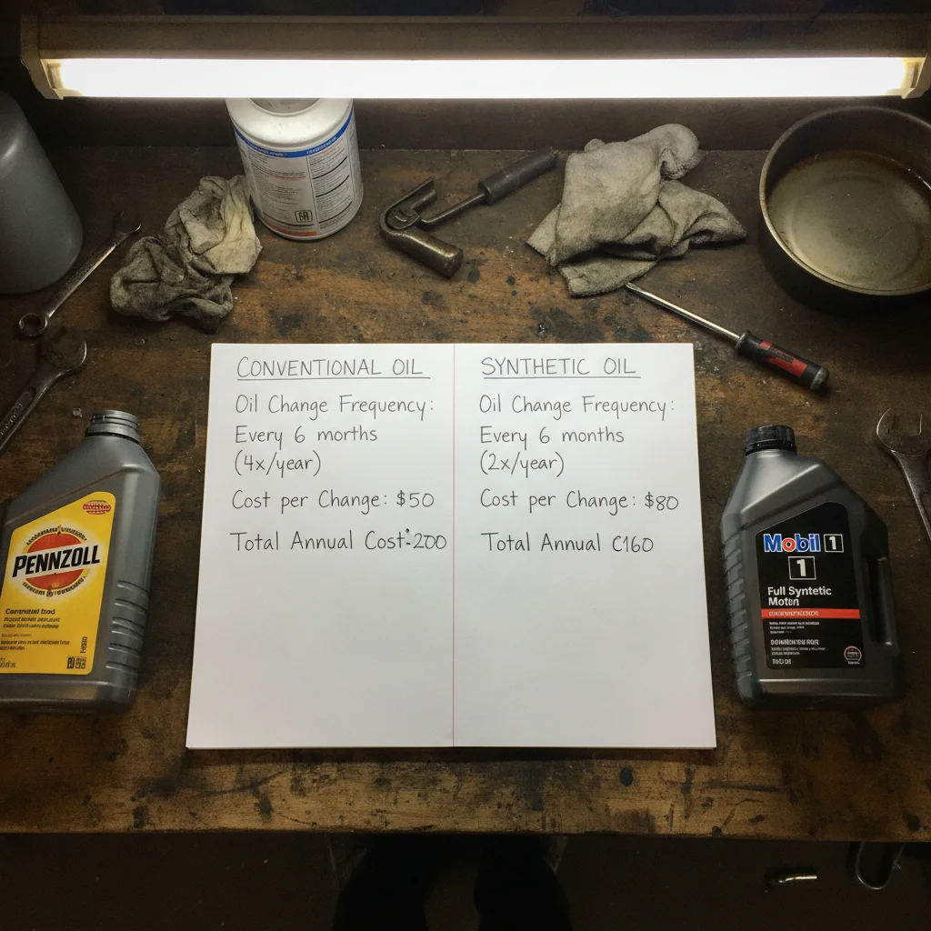 Cost comparison notes for conventional and synthetic oil changes written on a notepad on a workbench