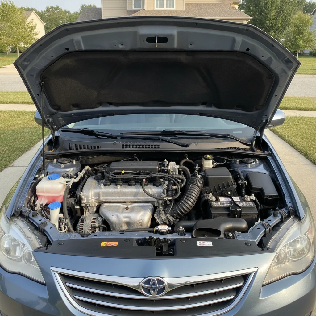 A clean naturally aspirated four-cylinder commuter car engine with hood open in a residential driveway