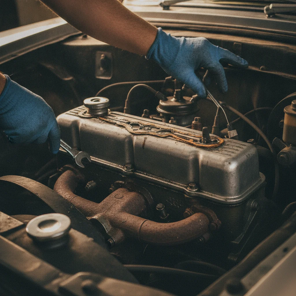 Mechanic in gloves inspecting aged engine seals and gaskets in an older vehicle engine bay